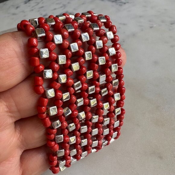 Coral Colored Beads and Silver Beaded Stretch Bracelet - Picture 3 of 6